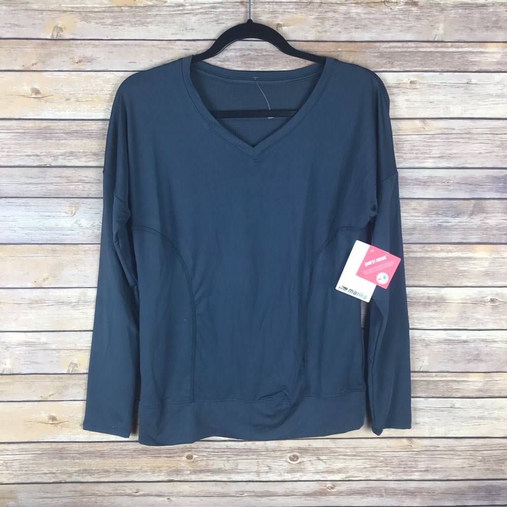Marika Top Womens Small Gray T-Shirt Dry Wik Mesh Back V-Neck Long Sleeve Solid